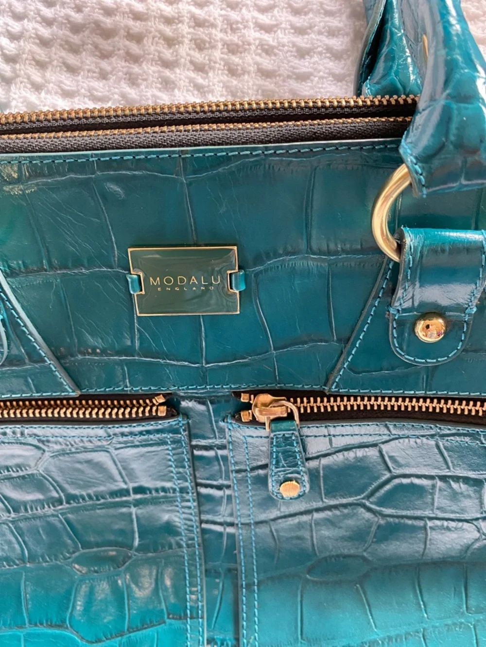 Modalu Teal Leather Croc-Embossed Satchel with Gold Hardware